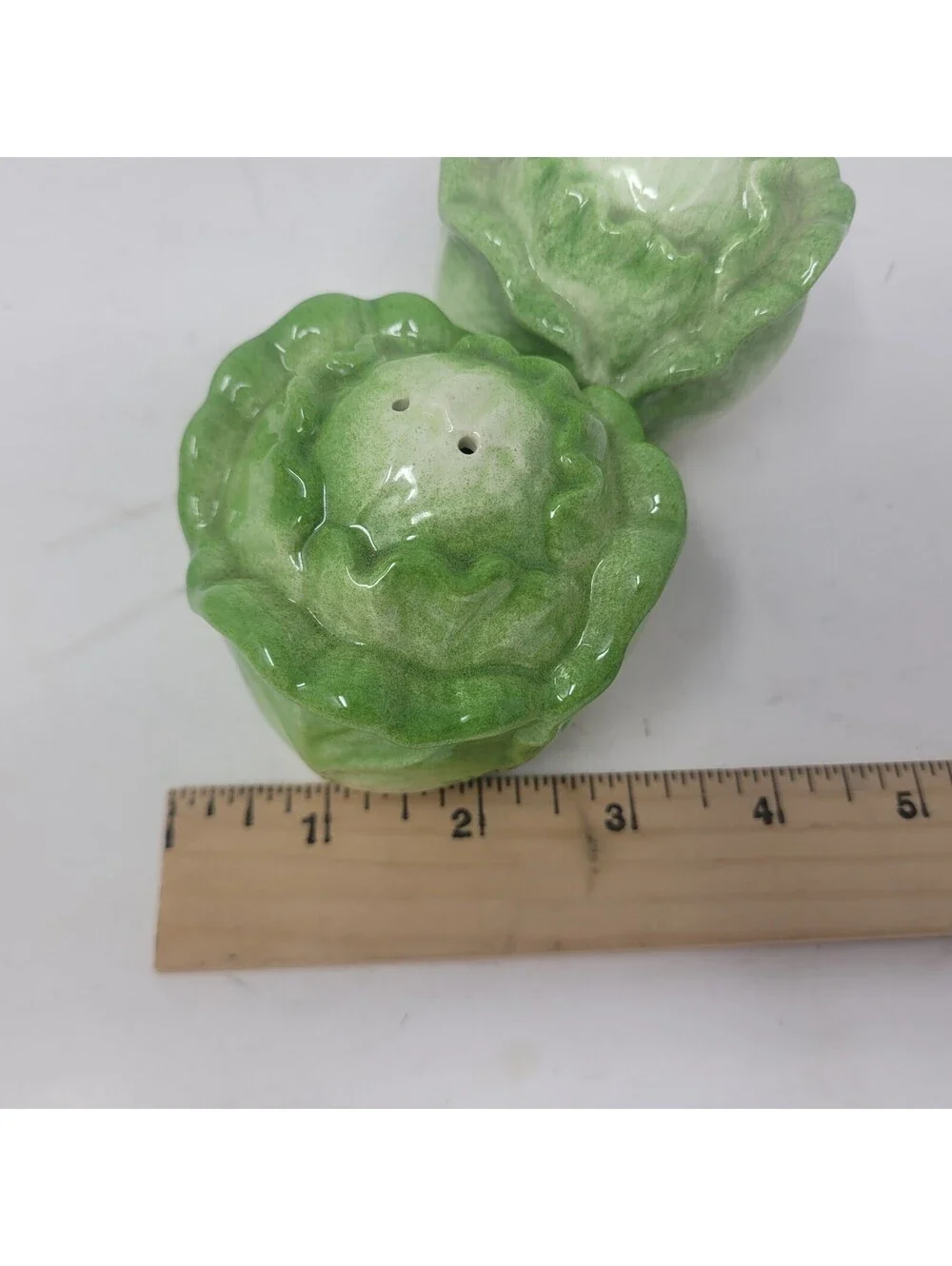 Vintage Ceramic Cabbage Lettuce Head Salt Pepper Shakers Majolica Style